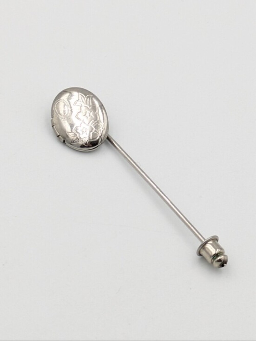 Vintage locket stick pin / hat pin / lapel pin silver tone